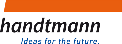 Logo with handtmann in black text and the slogan Ideas for the future. in blue below it, with an orange bar above the text on a light background.