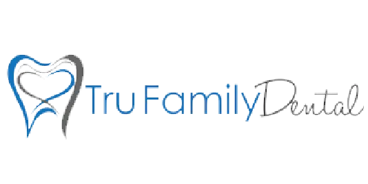 Logo for Tru Family Dental with a stylized tooth outline in blue and gray, featuring a heart shape inside, and the text Tru Family Dental in blue and gray script.